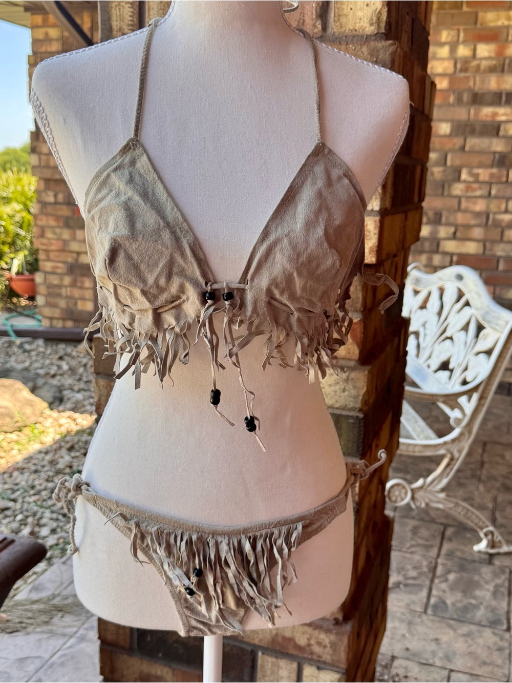 Suede bikini w/fringe trim/beading & shell accents/ Triangle Bikini Set in Taupe